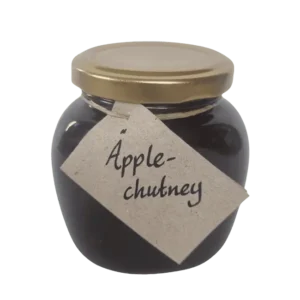 Burk med äpplechutney från Fristorps gård med fyllig konsistens och varm färg.