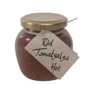 Burk med röd tomatsalsa hot från Fristorps gård gjord på tomater och jalapeño.